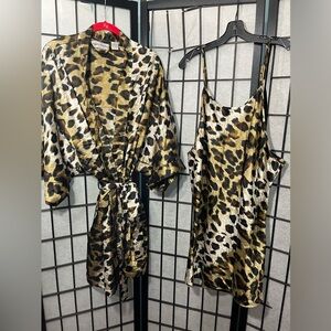 Night Essence 2 Pc Satin Kimono Robe & Chemise Slip Animal Print Womens 2X